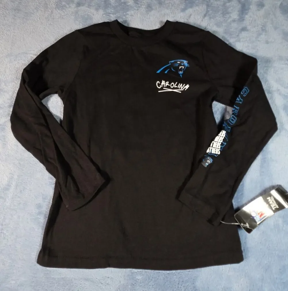 Carolina Panthers NFL Youth L 7 Long Sleeve Shirt Black Graphic NWT
